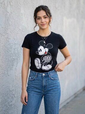 Disney Mickey Mouse Houndstooth Graphic Tee Black L